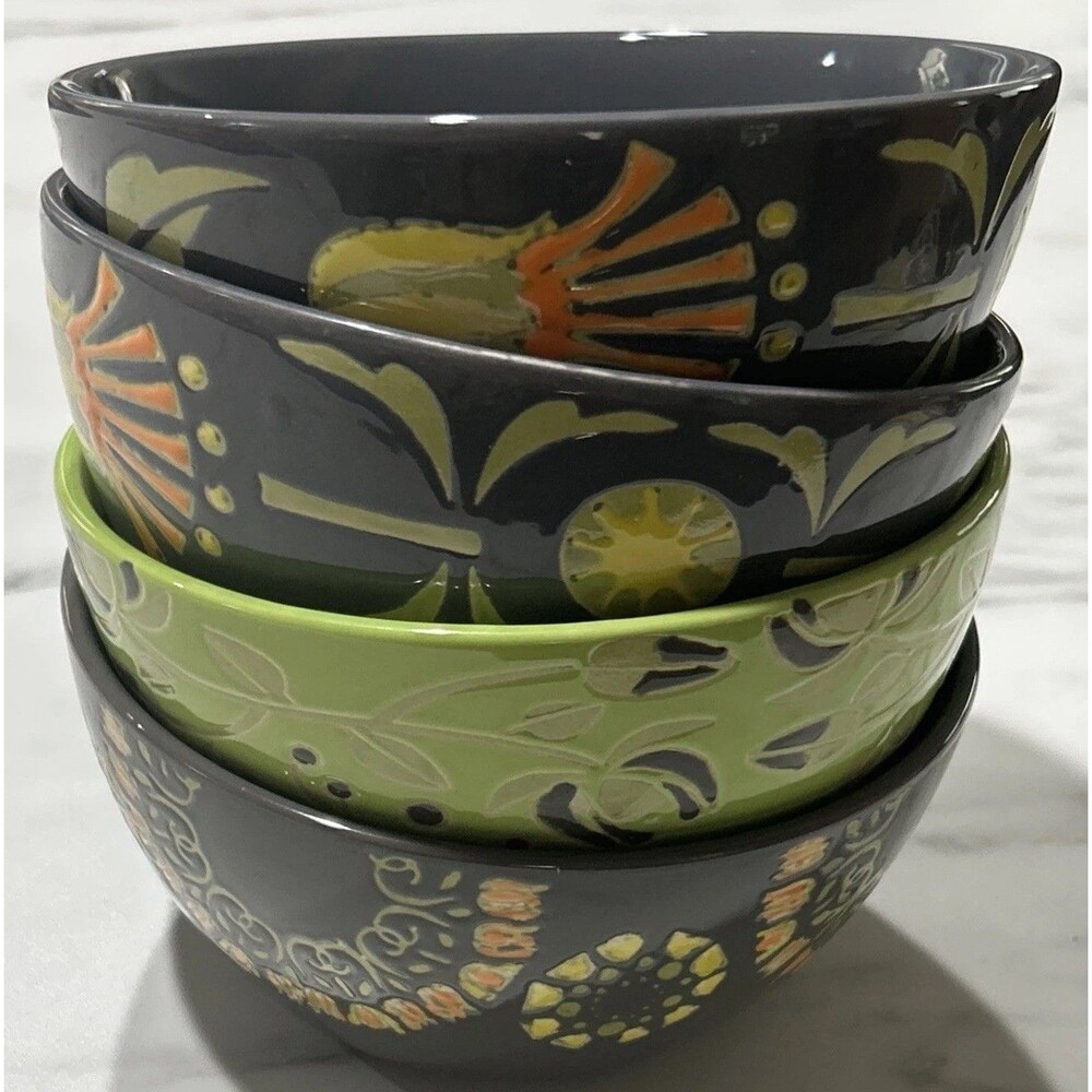 180 Robin Pickens Cereal Bowls Green Floral Textured Set of 4 Mixed Patterns